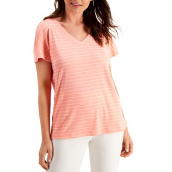 Ideology Women's Shadow-Striped Short Sleeve V-Neck T-Shirts Top Pink XS, NWT - Picture 1 of 5